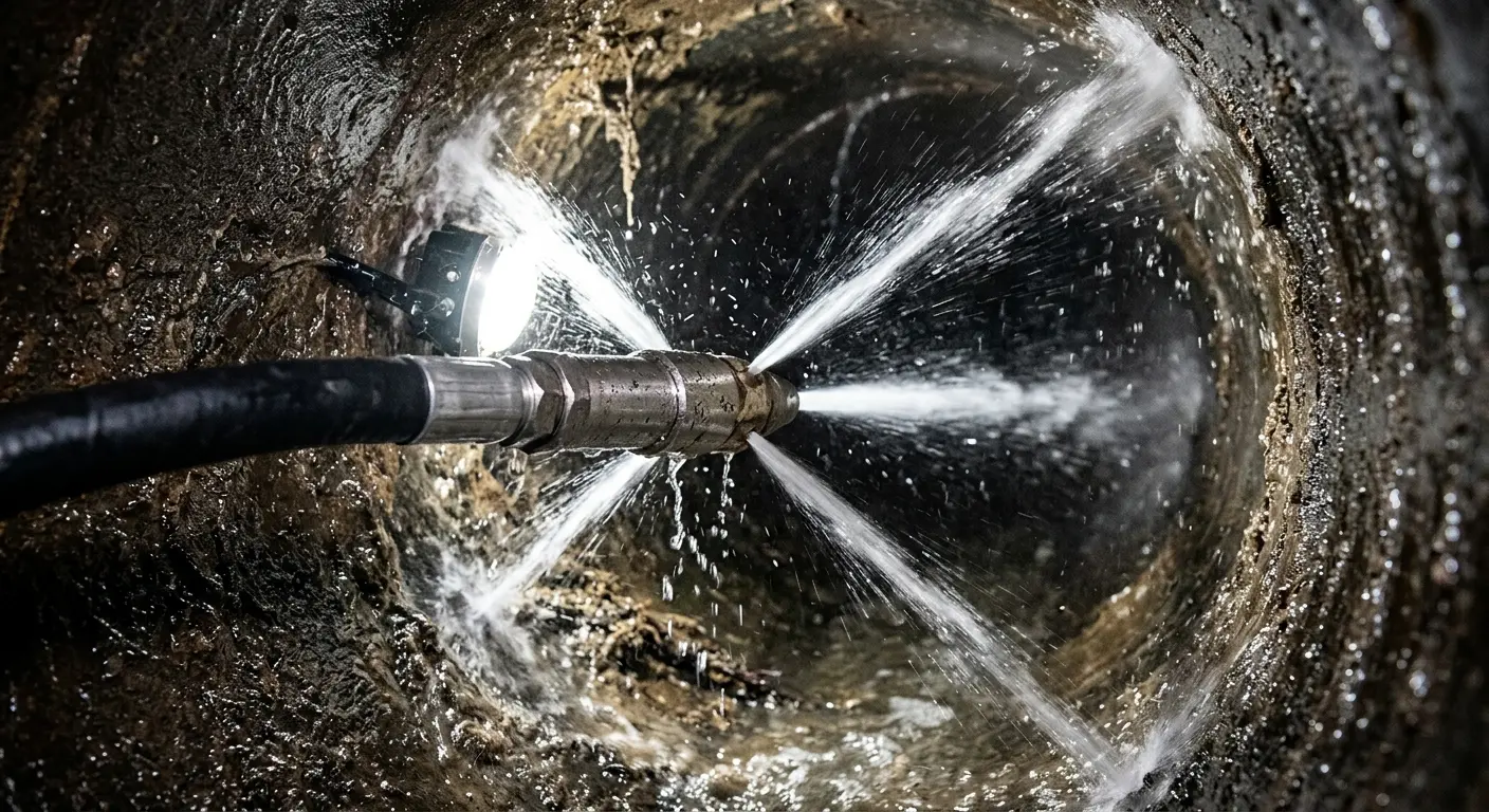 High-pressure hydro jetting nozzle cleaning sewer pipe for Sewer Cleanout in Gypsum