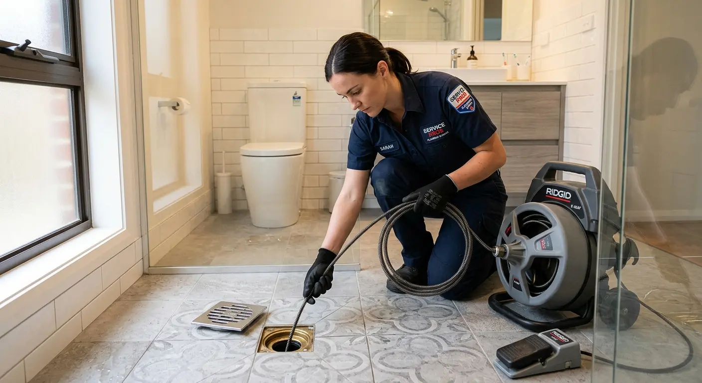 Technician clearing a bathroom floor drain for Hydro Jetting in Gypsum
